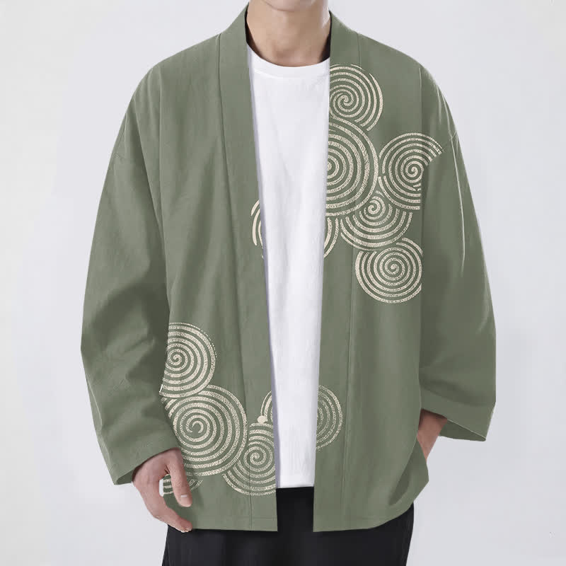 Buddha Stones Bawełniane kimono męskie z koncentrycznym spiralnym wzorem otwartym z przodu - DarkSeaGreen - US/UK/AU48， EU58 (4XL) - image 6