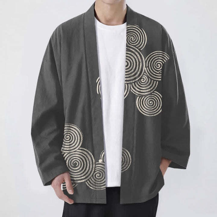 Buddha Stones Bawełniane kimono męskie z koncentrycznym spiralnym wzorem otwartym z przodu - DimGray - US/UK/AU48， EU58 (4XL) - image 9