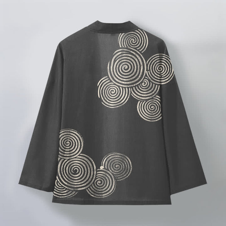 Buddha Stones Bawełniane kimono męskie z koncentrycznym spiralnym wzorem otwartym z przodu - image 11