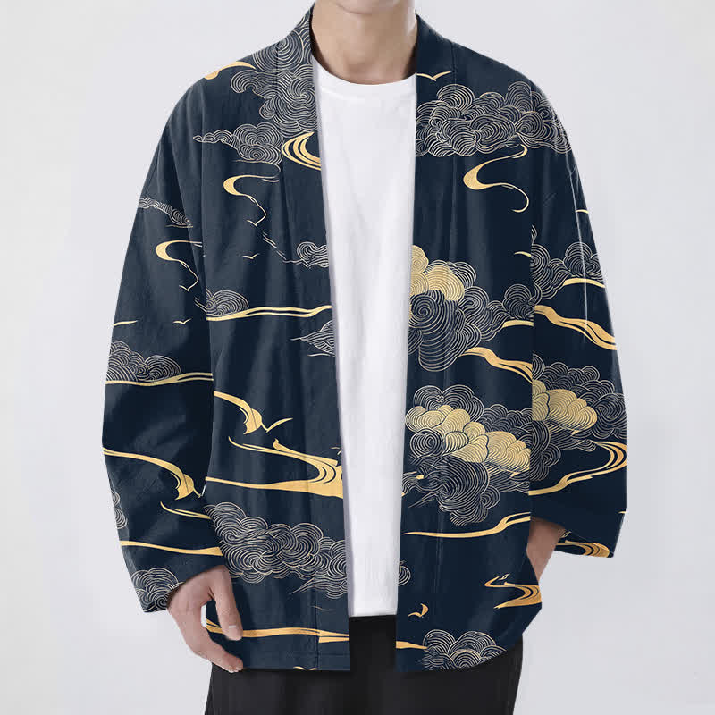 Buddha Stones Męskie kimono z bawełny z odkrytym przodem i wzorem w złote chmury - Marynarka wojenna - US/UK/AU48， EU58 (4XL) - image 0