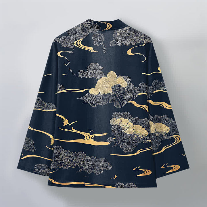 Buddha Stones Męskie kimono z bawełny z odkrytym przodem i wzorem w złote chmury - image 2