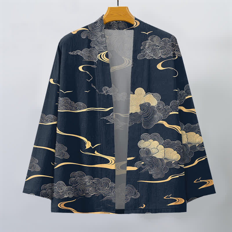 Buddha Stones Męskie kimono z bawełny z odkrytym przodem i wzorem w złote chmury - image 1
