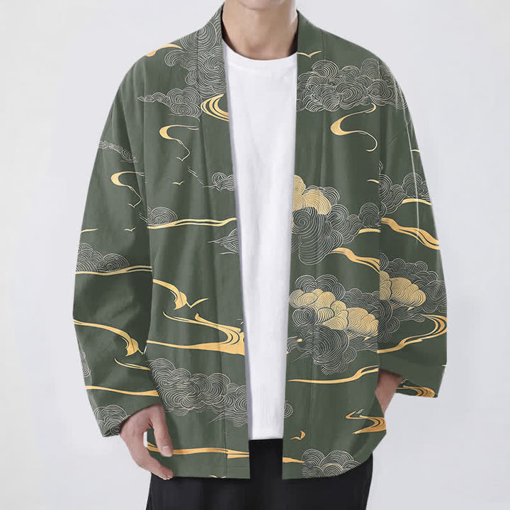 Buddha Stones Męskie kimono z bawełny z odkrytym przodem i wzorem w złote chmury - DarkSeaGreen - US/UK/AU48， EU58 (4XL) - image 6