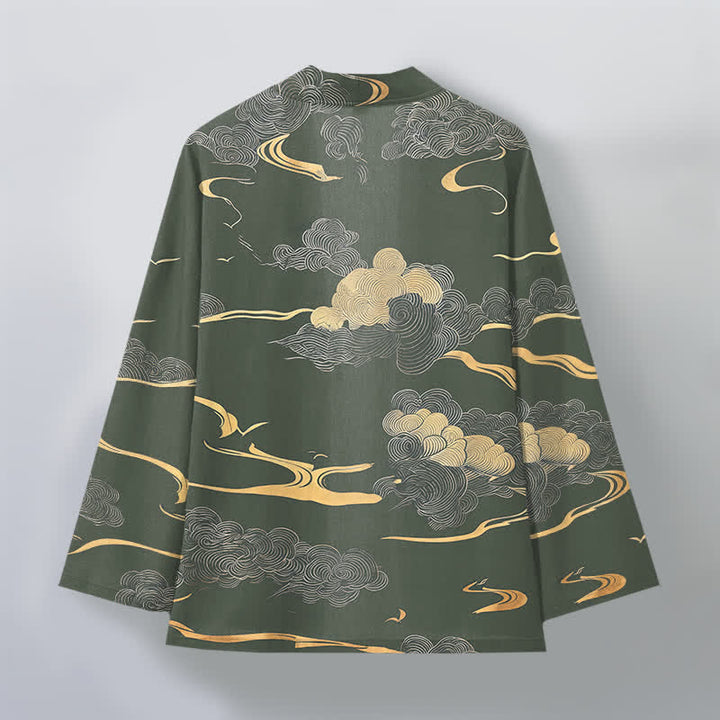 Buddha Stones Męskie kimono z bawełny z odkrytym przodem i wzorem w złote chmury - image 8