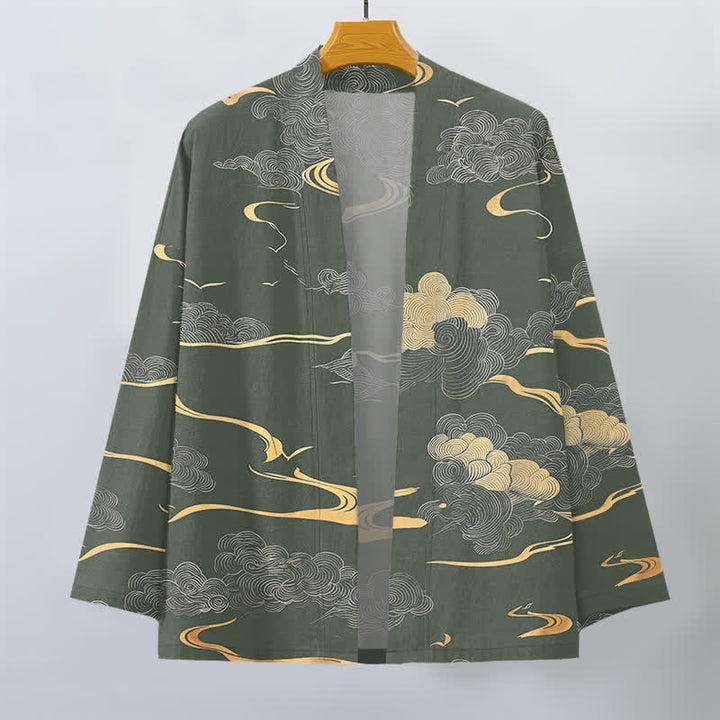 Buddha Stones Męskie kimono z bawełny z odkrytym przodem i wzorem w złote chmury - image 7