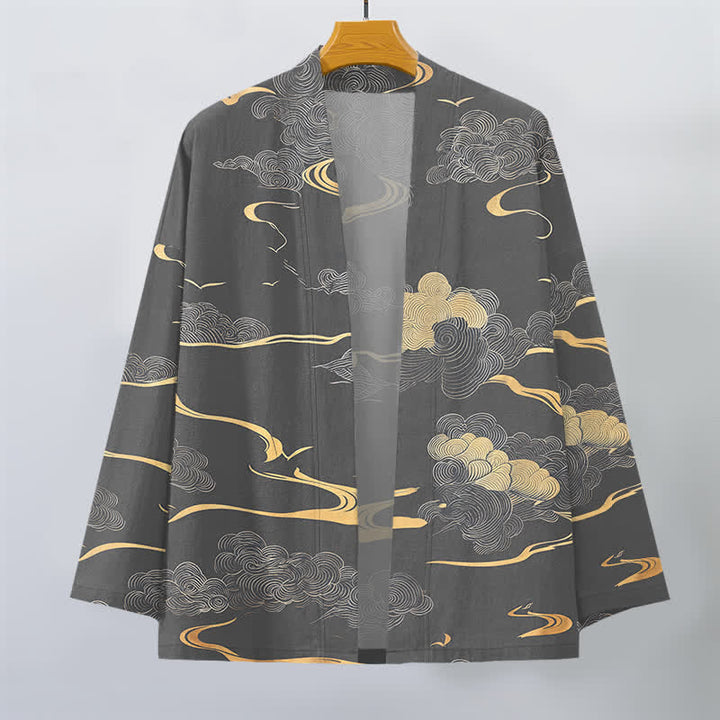 Buddha Stones Męskie kimono z bawełny z odkrytym przodem i wzorem w złote chmury - image 10