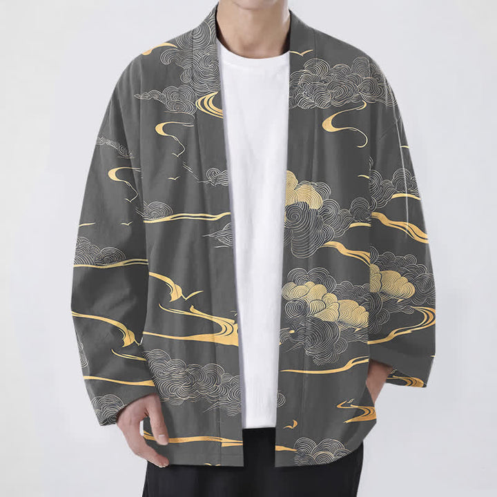Buddha Stones Męskie kimono z bawełny z odkrytym przodem i wzorem w złote chmury - Szary - US/UK/AU48， EU58 (4XL) - image 9