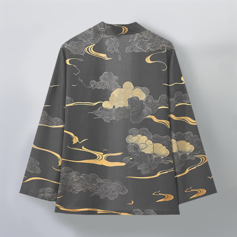 Buddha Stones Męskie kimono z bawełny z odkrytym przodem i wzorem w złote chmury - image 11