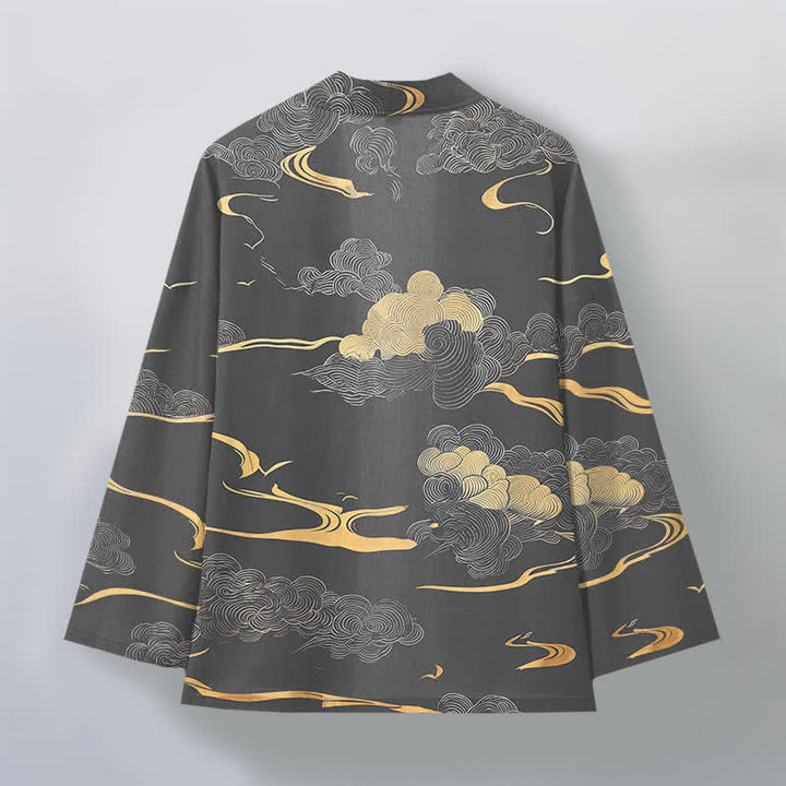 Buddha Stones Męskie kimono z bawełny z odkrytym przodem i wzorem w złote chmury - image 11