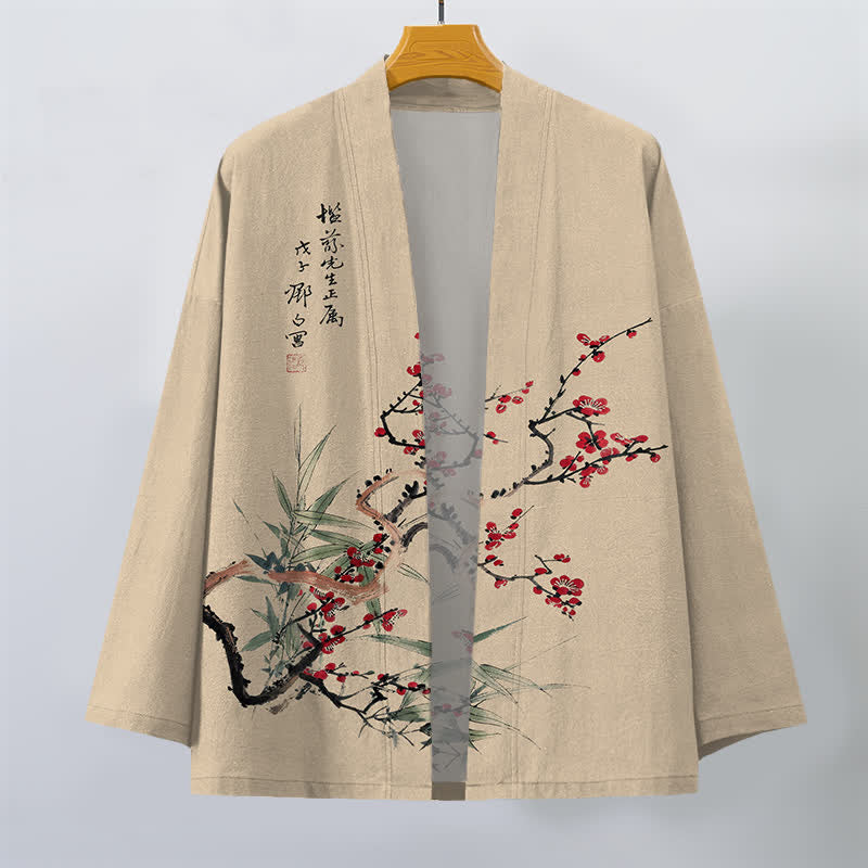 Buddha Stones Męskie kimono z bawełny w kolorze czerwonym, śliwkowym, z bambusa, z otwartym przodem - image 1
