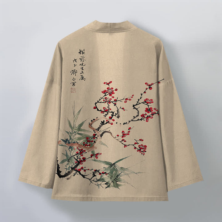 Buddha Stones Męskie kimono z bawełny w kolorze czerwonym, śliwkowym, z bambusa, z otwartym przodem - image 2