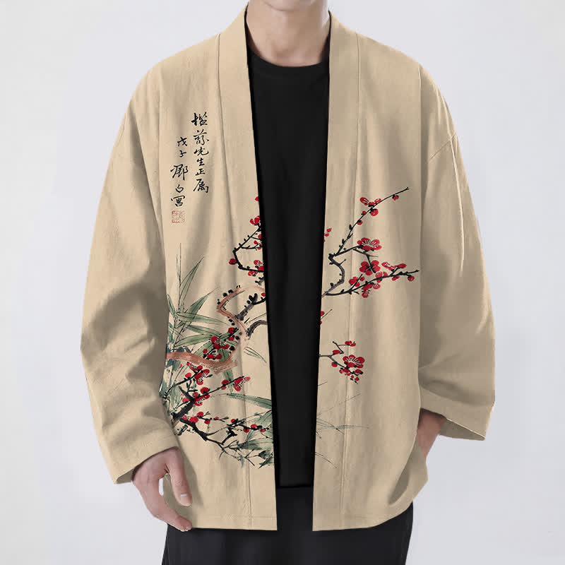 Buddha Stones Męskie kimono z bawełny w kolorze czerwonym, śliwkowym, z bambusa, z otwartym przodem - Pszenica - US/UK/AU48， EU58 (4XL) - image 0