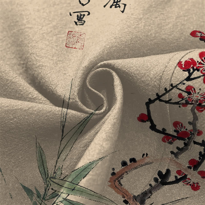 Buddha Stones Męskie kimono z bawełny w kolorze czerwonym, śliwkowym, z bambusa, z otwartym przodem - image 5