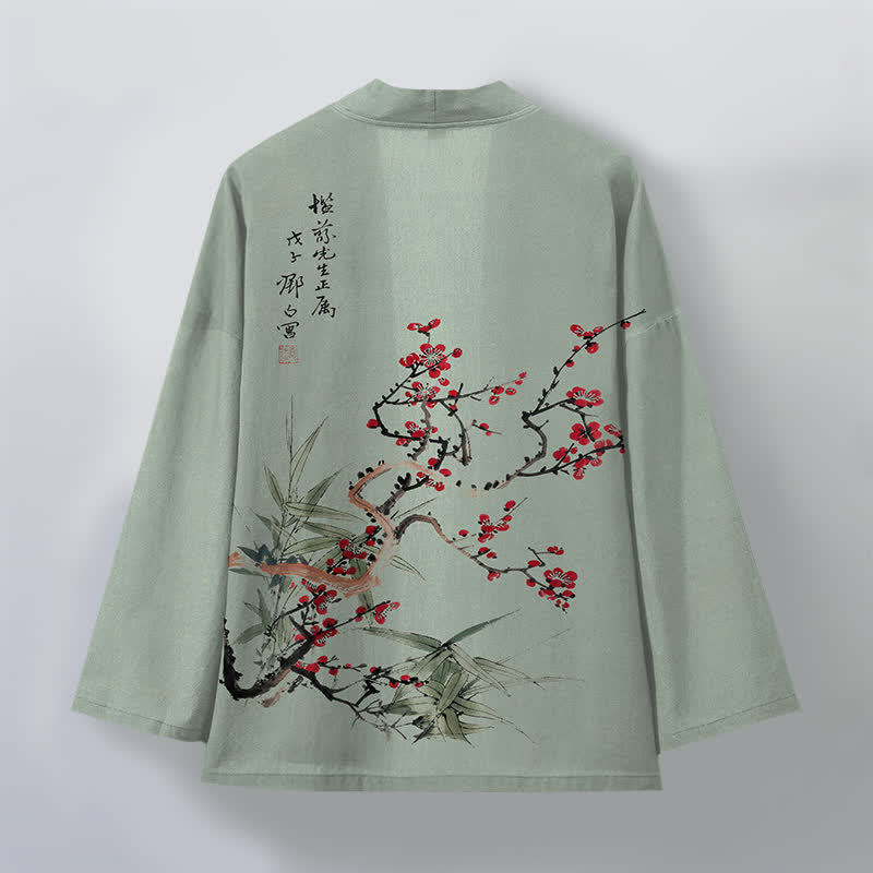 Buddha Stones Męskie kimono z bawełny w kolorze czerwonym, śliwkowym, z bambusa, z otwartym przodem - image 8