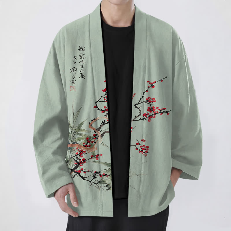 Buddha Stones Męskie kimono z bawełny w kolorze czerwonym, śliwkowym, z bambusa, z otwartym przodem - DarkSeaGreen - US/UK/AU48， EU58 (4XL) - image 6