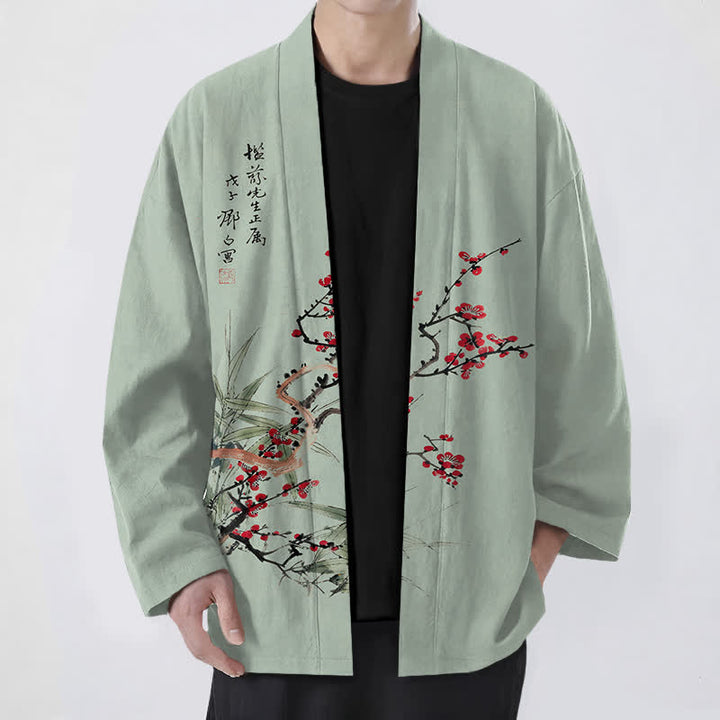 Buddha Stones Męskie kimono z bawełny w kolorze czerwonym, śliwkowym, z bambusa, z otwartym przodem - DarkSeaGreen - US/UK/AU48， EU58 (4XL) - image 6
