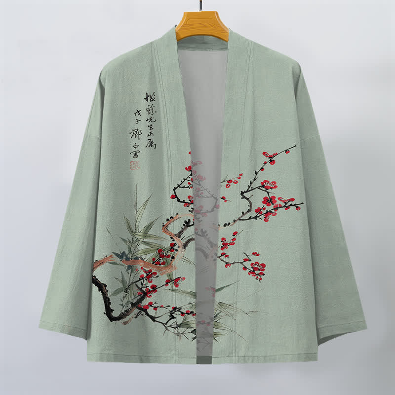 Buddha Stones Męskie kimono z bawełny w kolorze czerwonym, śliwkowym, z bambusa, z otwartym przodem - image 7