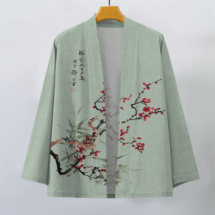 Buddha Stones Męskie kimono z bawełny w kolorze czerwonym, śliwkowym, z bambusa, z otwartym przodem - image 7