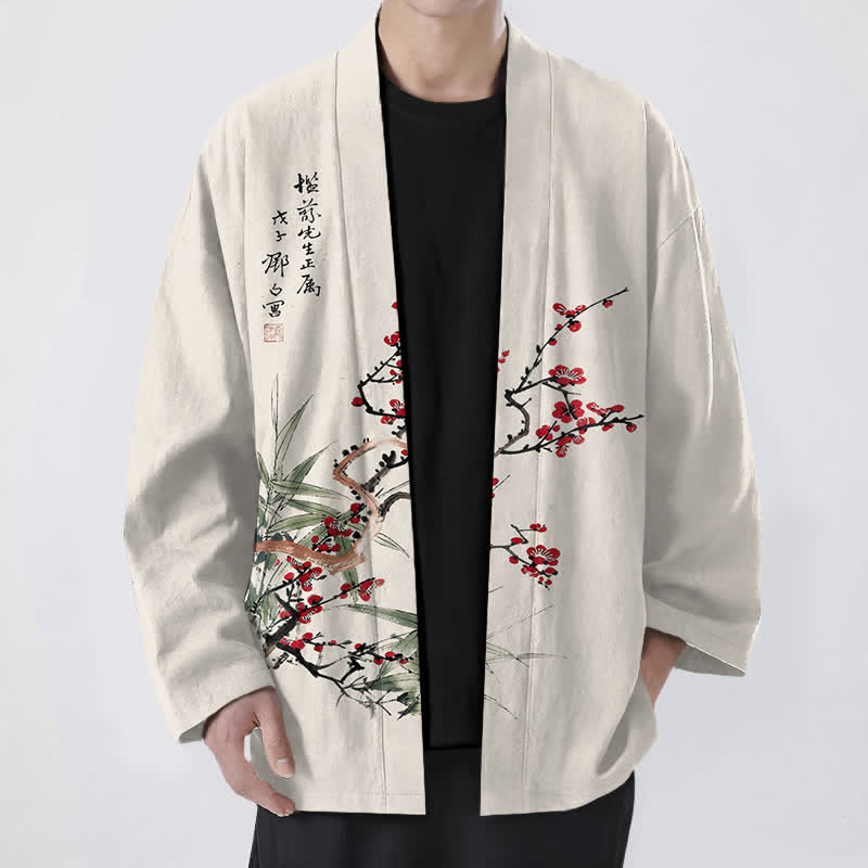 Buddha Stones Męskie kimono z bawełny w kolorze czerwonym, śliwkowym, z bambusa, z otwartym przodem - Beżowy - US/UK/AU48， EU58 (4XL) - image 9