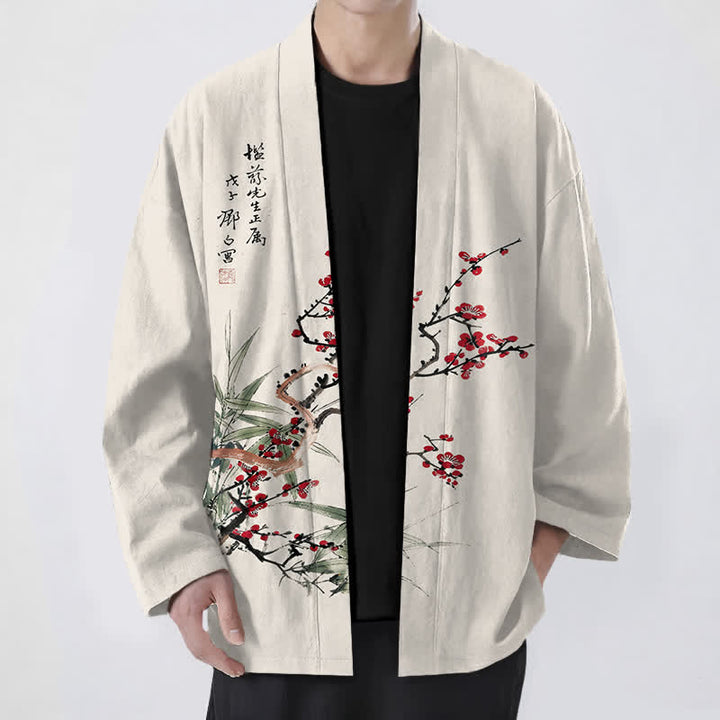 Buddha Stones Męskie kimono z bawełny w kolorze czerwonym, śliwkowym, z bambusa, z otwartym przodem - Beżowy - US/UK/AU48， EU58 (4XL) - image 9
