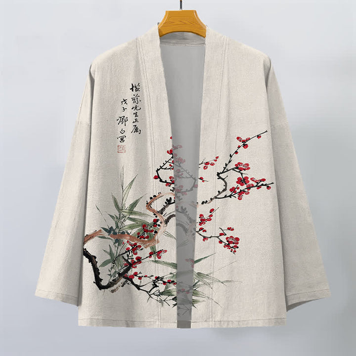 Buddha Stones Męskie kimono z bawełny w kolorze czerwonym, śliwkowym, z bambusa, z otwartym przodem - image 10