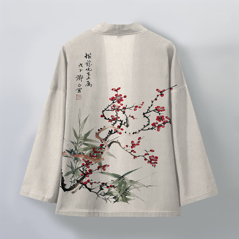 Buddha Stones Męskie kimono z bawełny w kolorze czerwonym, śliwkowym, z bambusa, z otwartym przodem - image 11