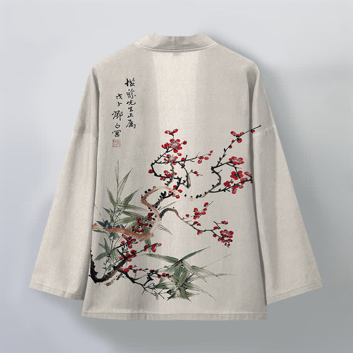 Buddha Stones Męskie kimono z bawełny w kolorze czerwonym, śliwkowym, z bambusa, z otwartym przodem - image 11