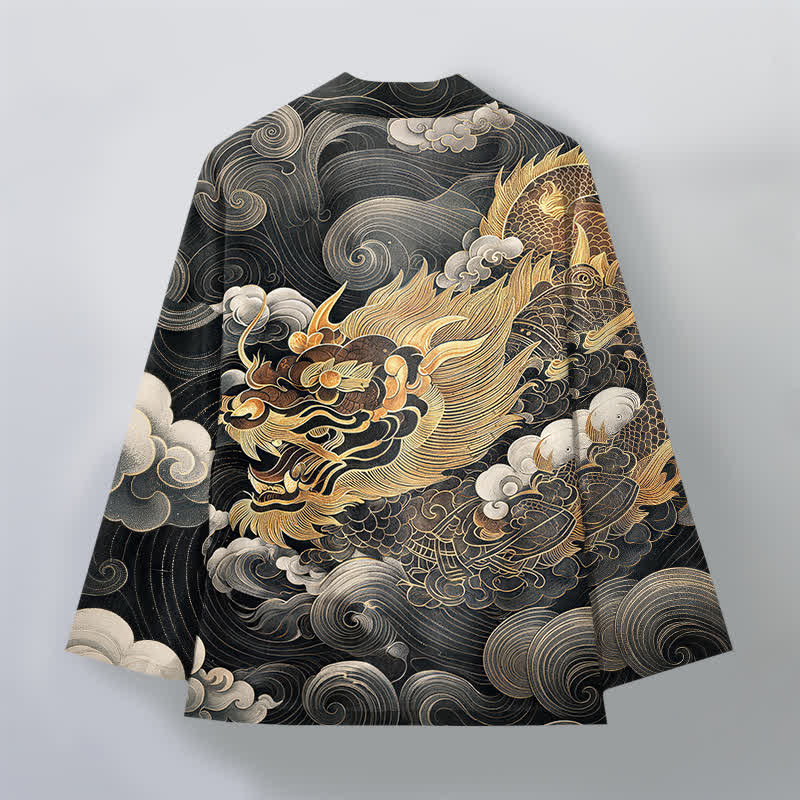 Buddha Stones Bawełniane kimono męskie z odkrytym przodem i wzorem w chmury złotego smoka - image 2