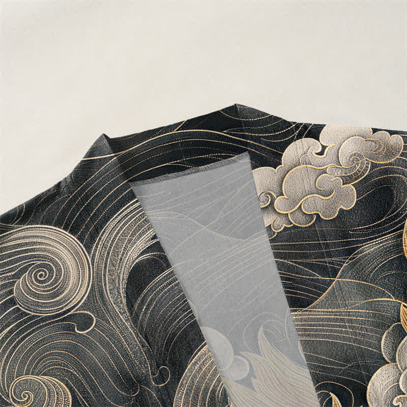 Buddha Stones Bawełniane kimono męskie z odkrytym przodem i wzorem w chmury złotego smoka - image 3