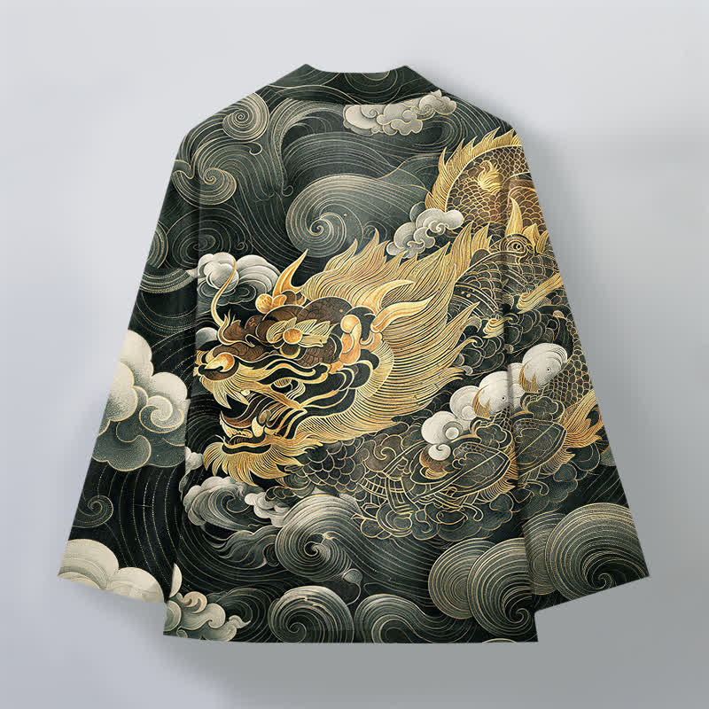 Buddha Stones Bawełniane kimono męskie z odkrytym przodem i wzorem w chmury złotego smoka - image 8