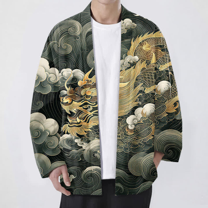 Buddha Stones Bawełniane kimono męskie z odkrytym przodem i wzorem w chmury złotego smoka - Ciemnozielony - US/UK/AU48， EU58 (4XL) - image 6