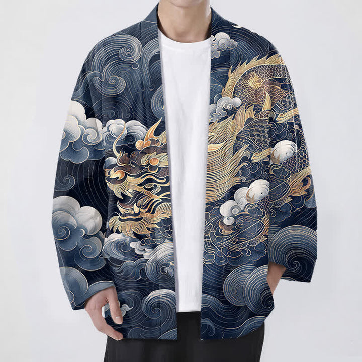 Buddha Stones Bawełniane kimono męskie z odkrytym przodem i wzorem w chmury złotego smoka - Marynarka wojenna - US/UK/AU48， EU58 (4XL) - image 9