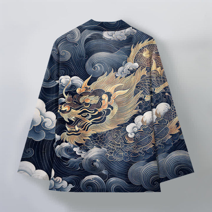 Buddha Stones Bawełniane kimono męskie z odkrytym przodem i wzorem w chmury złotego smoka - image 11