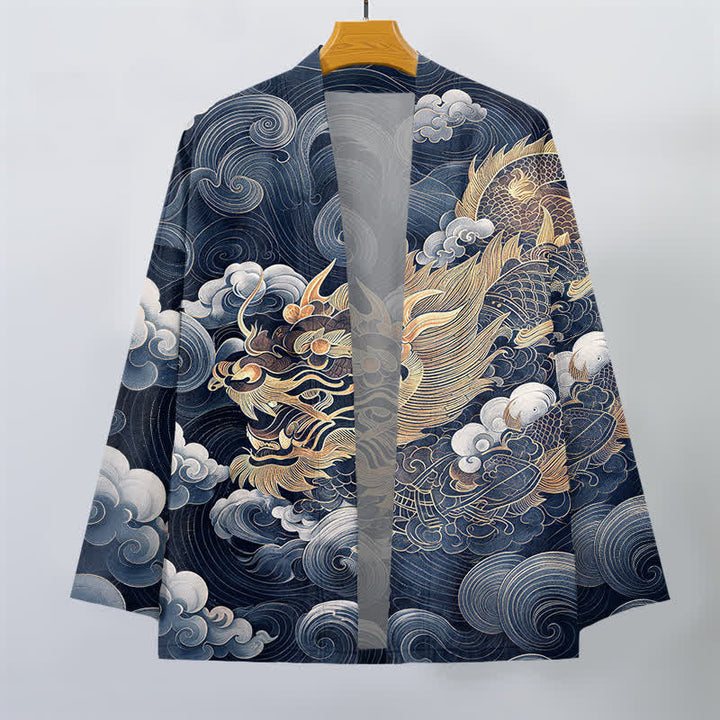 Buddha Stones Bawełniane kimono męskie z odkrytym przodem i wzorem w chmury złotego smoka - image 10