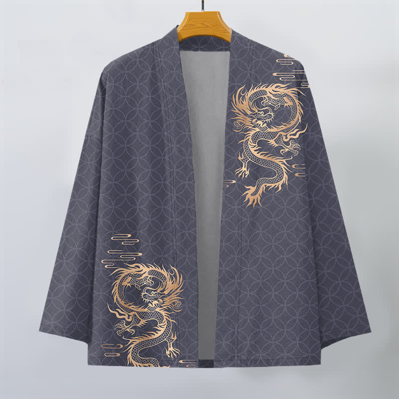 Buddha Stones Bawełniane kimono męskie z geometrycznym wzorem w kształcie złotego smoka z otwartym przodem - image 1