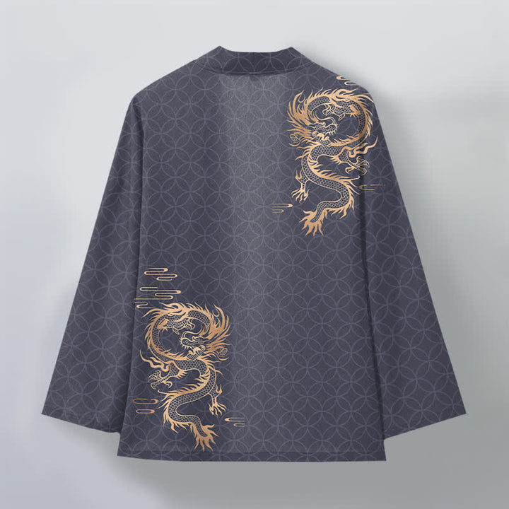 Buddha Stones Bawełniane kimono męskie z geometrycznym wzorem w kształcie złotego smoka z otwartym przodem - image 2