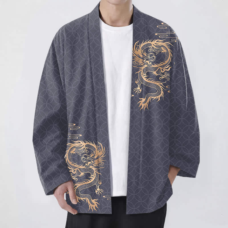 Buddha Stones Bawełniane kimono męskie z geometrycznym wzorem w kształcie złotego smoka z otwartym przodem - Łupkowoszary - US/UK/AU48， EU58 (4XL) - image 0