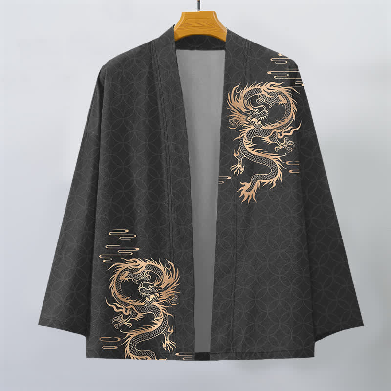 Buddha Stones Bawełniane kimono męskie z geometrycznym wzorem w kształcie złotego smoka z otwartym przodem - image 7
