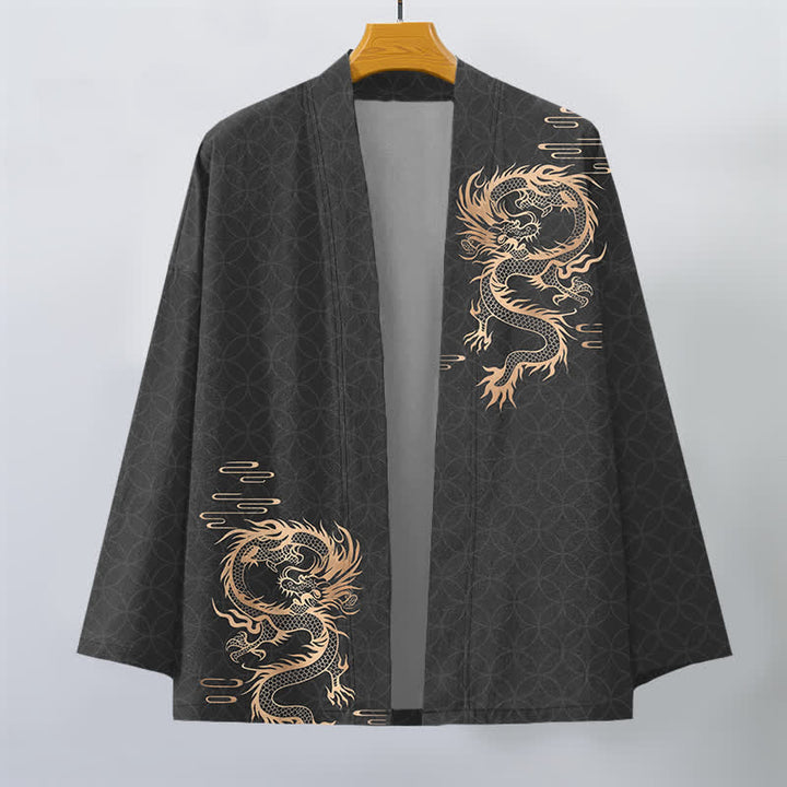 Buddha Stones Bawełniane kimono męskie z geometrycznym wzorem w kształcie złotego smoka z otwartym przodem - image 7