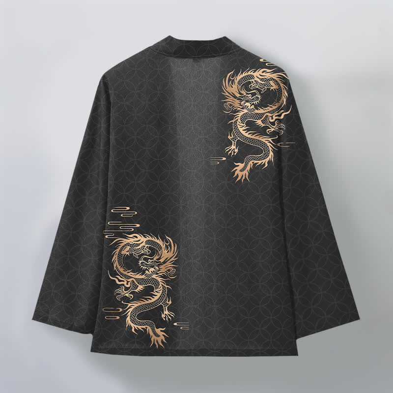Buddha Stones Bawełniane kimono męskie z geometrycznym wzorem w kształcie złotego smoka z otwartym przodem - image 8