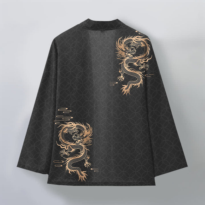 Buddha Stones Bawełniane kimono męskie z geometrycznym wzorem w kształcie złotego smoka z otwartym przodem - image 8