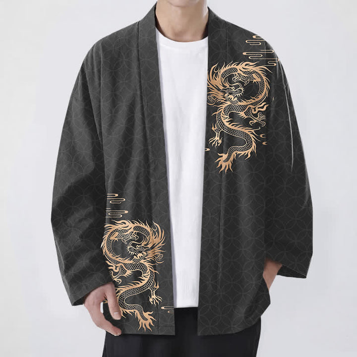 Buddha Stones Bawełniane kimono męskie z geometrycznym wzorem w kształcie złotego smoka z otwartym przodem - Czarny - US/UK/AU48， EU58 (4XL) - image 6