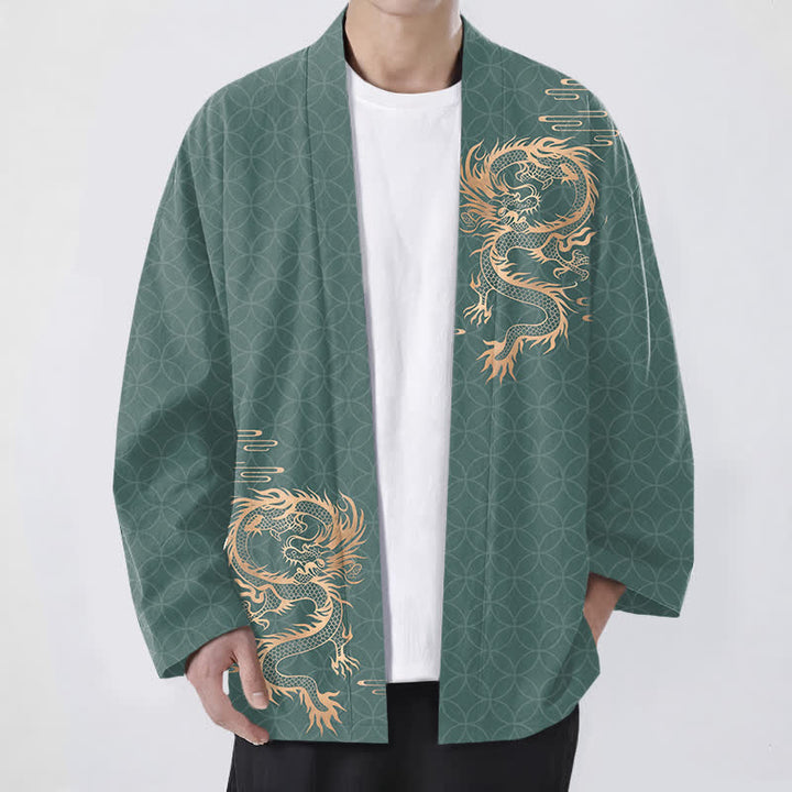 Buddha Stones Bawełniane kimono męskie z geometrycznym wzorem w kształcie złotego smoka z otwartym przodem - MediumSeaGreen - US/UK/AU48， EU58 (4XL) - image 9