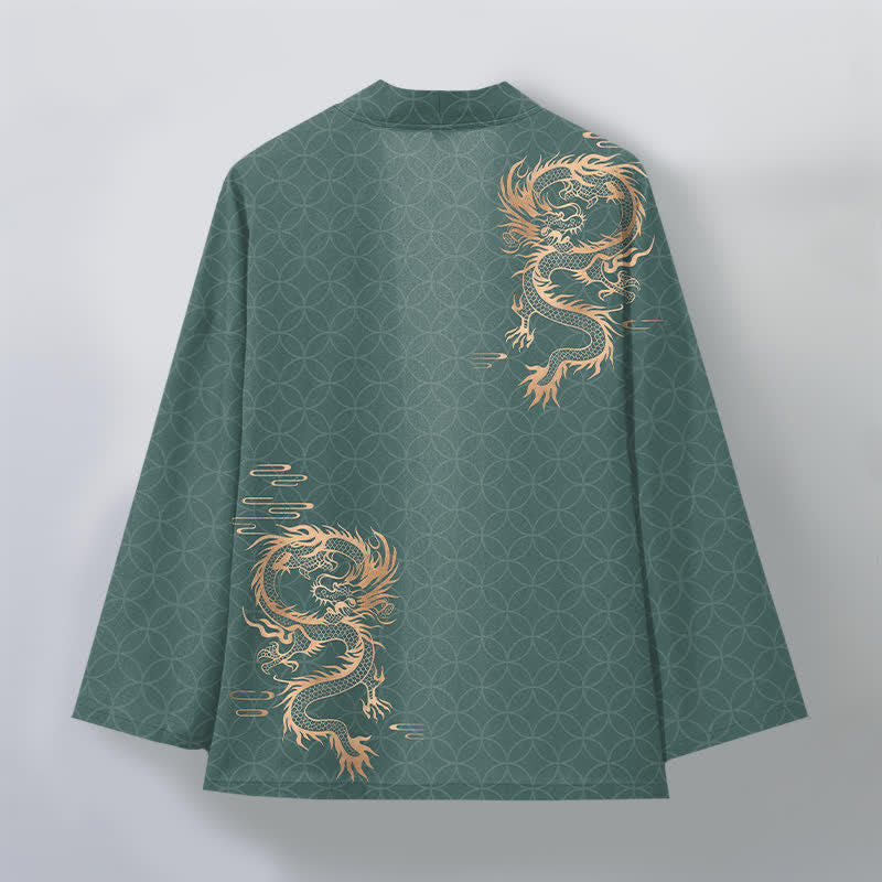 Buddha Stones Bawełniane kimono męskie z geometrycznym wzorem w kształcie złotego smoka z otwartym przodem - image 11