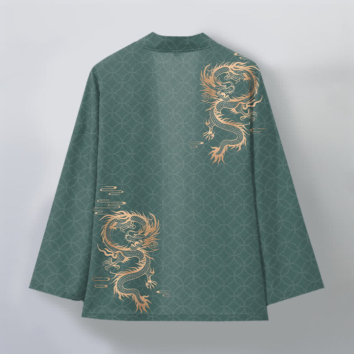 Buddha Stones Bawełniane kimono męskie z geometrycznym wzorem w kształcie złotego smoka z otwartym przodem - image 11