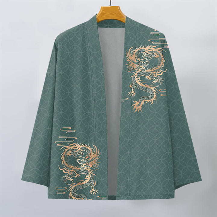 Buddha Stones Bawełniane kimono męskie z geometrycznym wzorem w kształcie złotego smoka z otwartym przodem - image 10