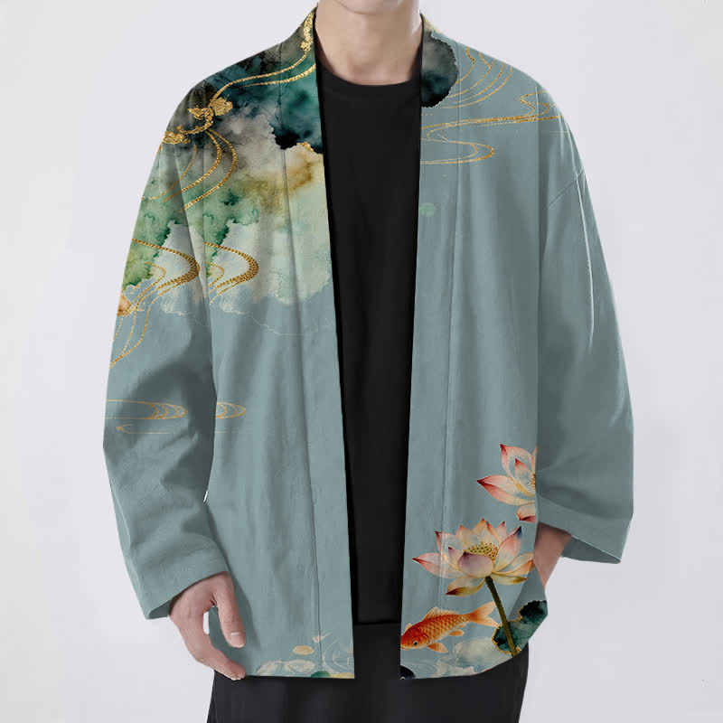 Buddha Stones Męskie kimono z bawełny Lotus Koi Ink Cloud z otwartym przodem - CadetBlue - US/UK/AU48， EU58 (4XL) - image 0