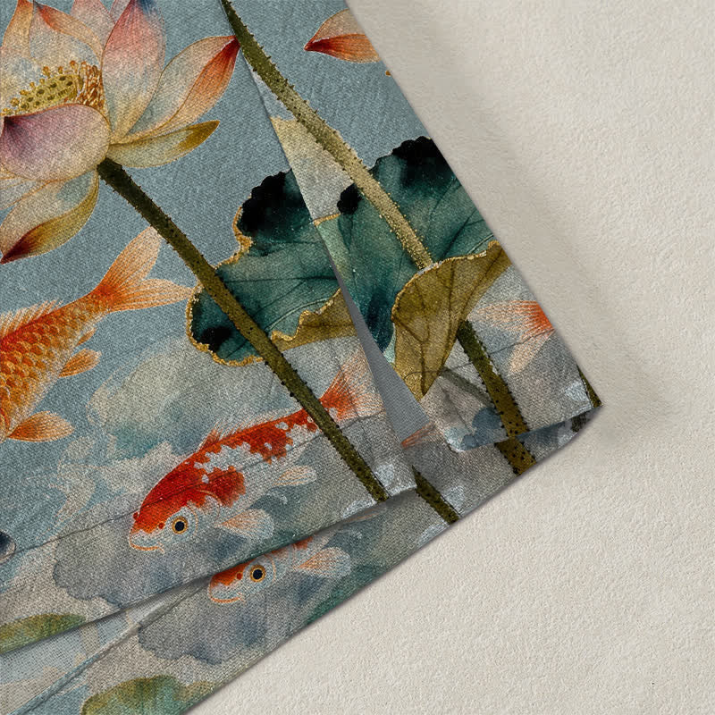 Buddha Stones Męskie kimono z bawełny Lotus Koi Ink Cloud z otwartym przodem - image 4