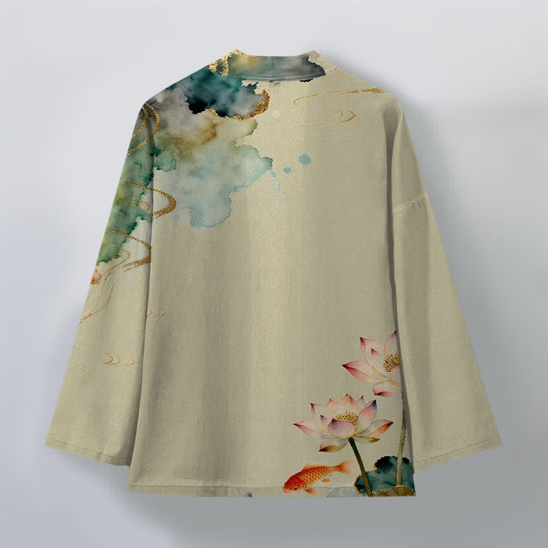 Buddha Stones Męskie kimono z bawełny Lotus Koi Ink Cloud z otwartym przodem - image 8
