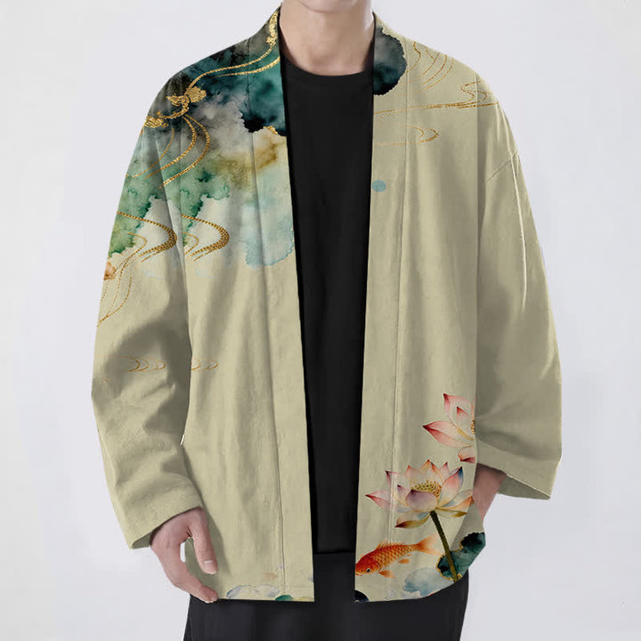 Buddha Stones Męskie kimono z bawełny Lotus Koi Ink Cloud z otwartym przodem - Blada nawłoć - US/UK/AU48， EU58 (4XL) - image 6